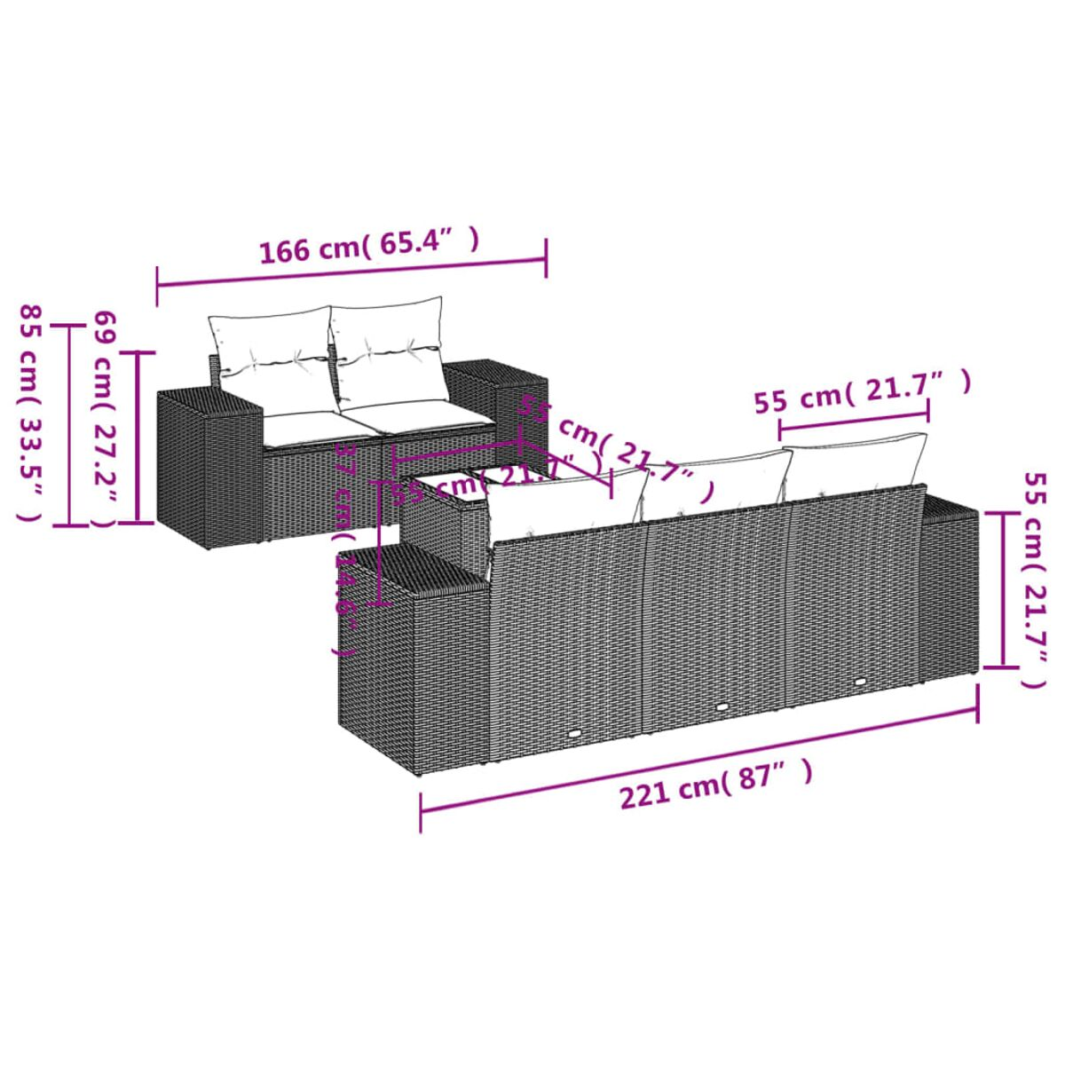 Divano in rattan con dimensioni. Cuscini bianchi. Il divano è nero. Le dimensioni sono indicate con linee.