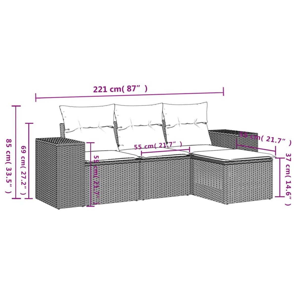 Diagramma di un set di divani in vimini grigio con dimensioni in centimetri.