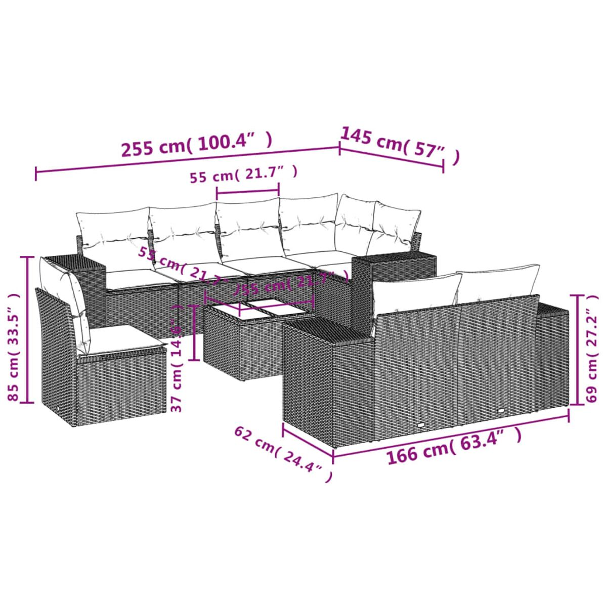 Set divano e tavolo in vimini da esterno con dimensioni su sfondo bianco.