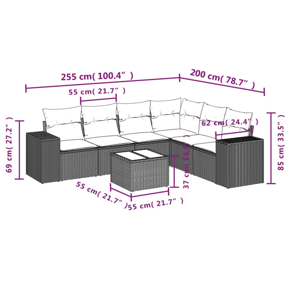 Weißes Diagramm mit Abmessungen eines schwarzen Outdoor-Ecksofas auf weißem Hintergrund.