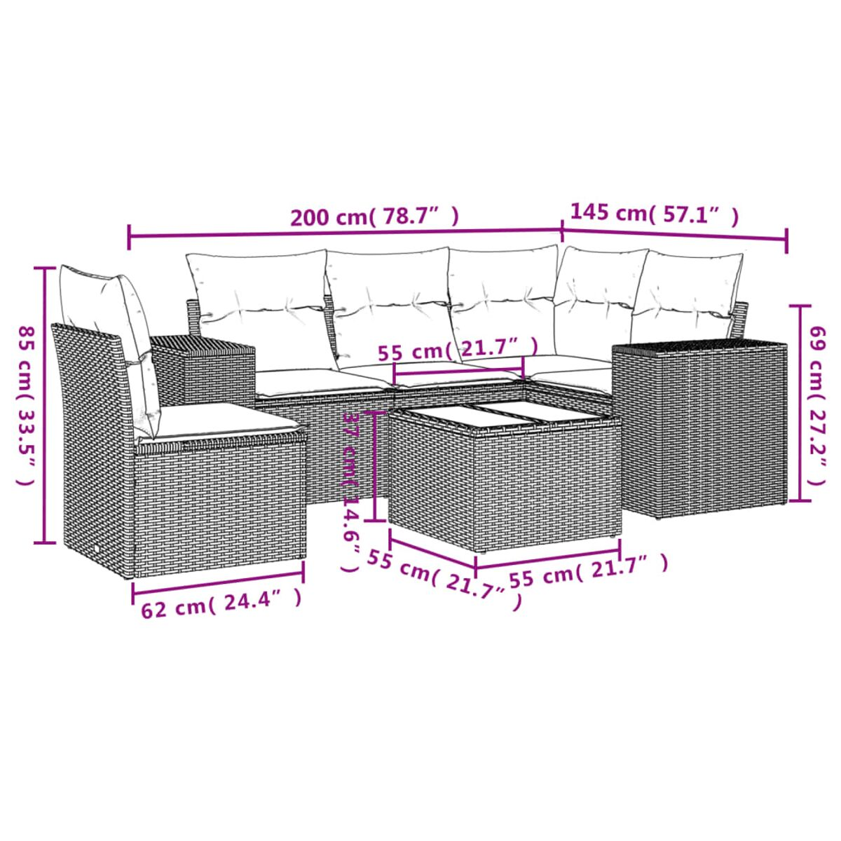 Ein Diagramm eines schwarzen Outdoor-Sofas aus Korbgeflecht mit Abmessungen in Zentimetern und Zoll.
