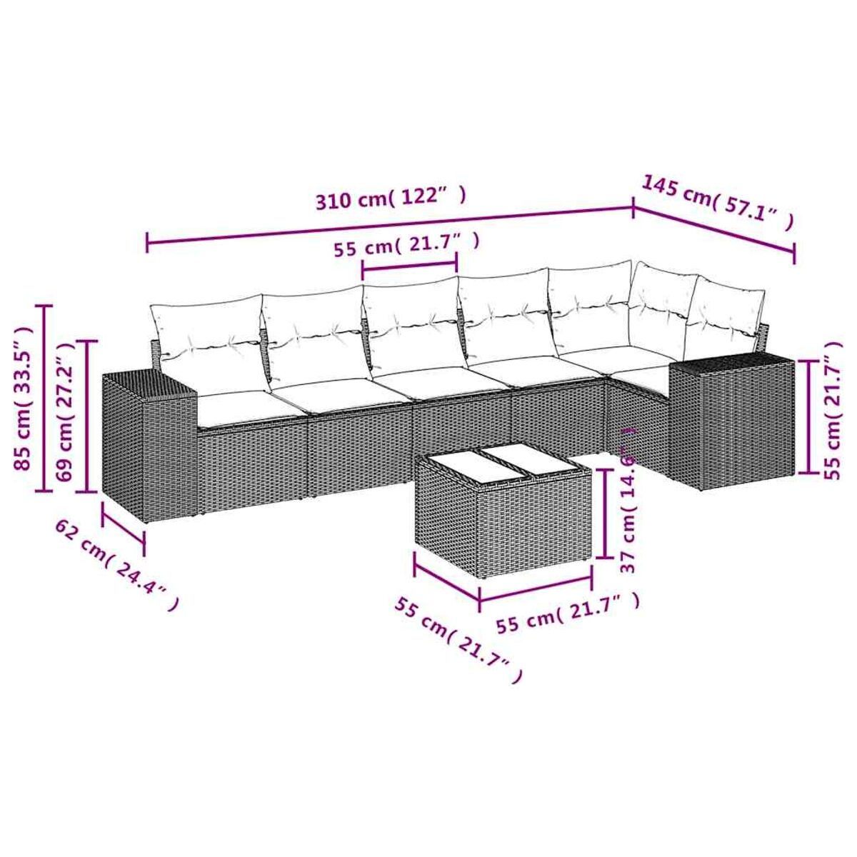 Diagramm eines Ecksofas mit Abmessungen. Das Sofa ist grau und zeigt Längen-, Breiten- und Höhenmaße in Zentimetern.