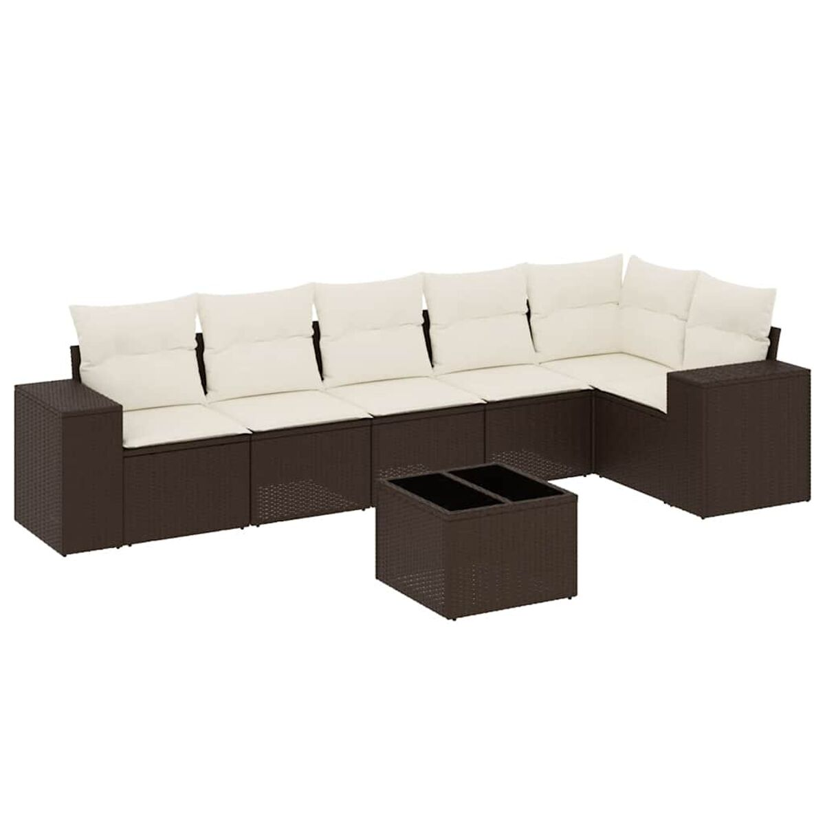 Divano componibile in vimini marrone scuro con cuscini color crema e tavolino abbinato.