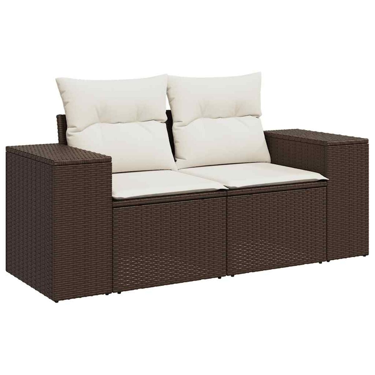 Divano a due posti in rattan marrone con cuscini color crema, vista laterale.