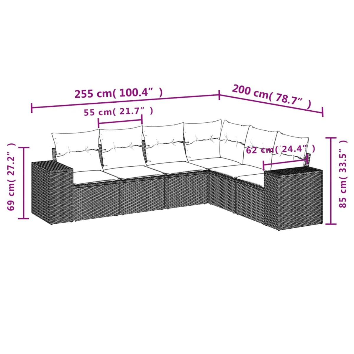Diagramma di un set divano in rattan con misure.