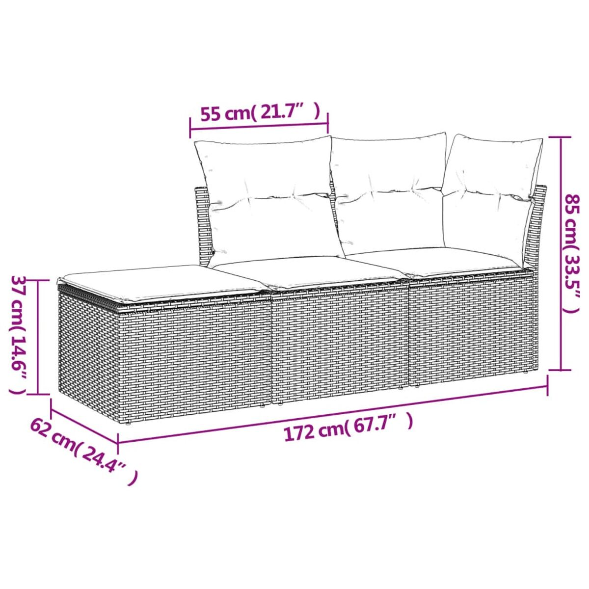 Diagramm eines Outdoor-Sofas mit Abmessungen in cm: 172x62, 85x37 und 55x55.