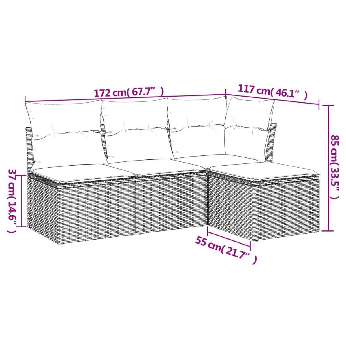 Schema di un set di divani in rattan beige con dimensioni in cm e pollici.