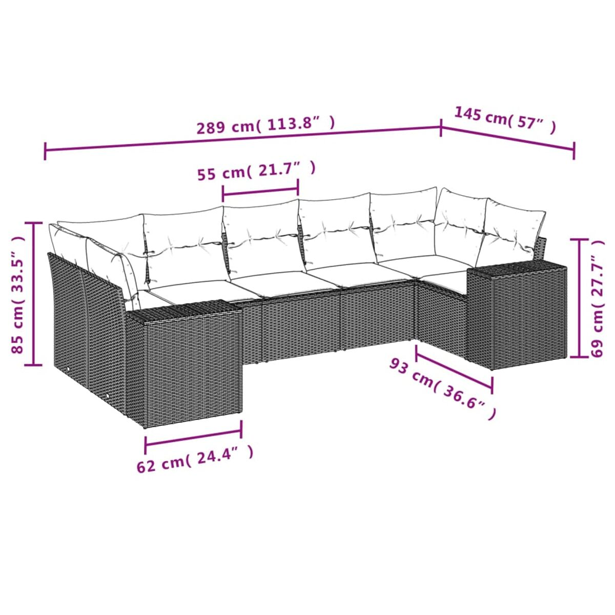 Diagramm mit Ecksofa-Abmessungen. Maße in cm und Zoll, mit Beschriftungen.