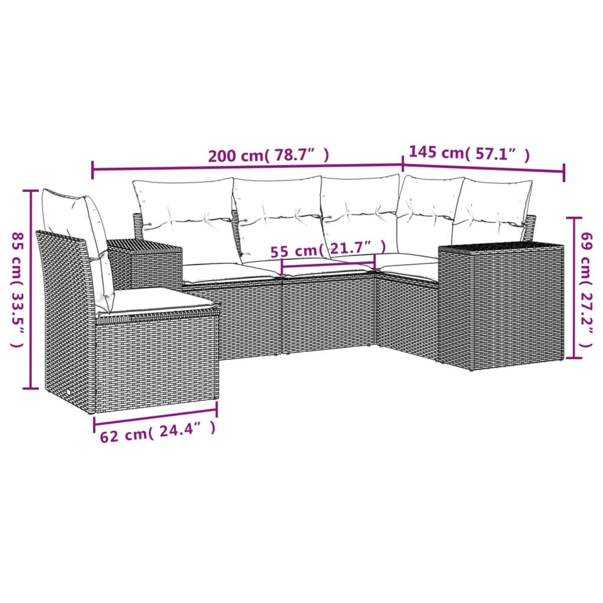 Ein Diagramm eines schwarzen Outdoor-Sofas aus Korbgeflecht mit Abmessungen in Zentimetern und Zoll.