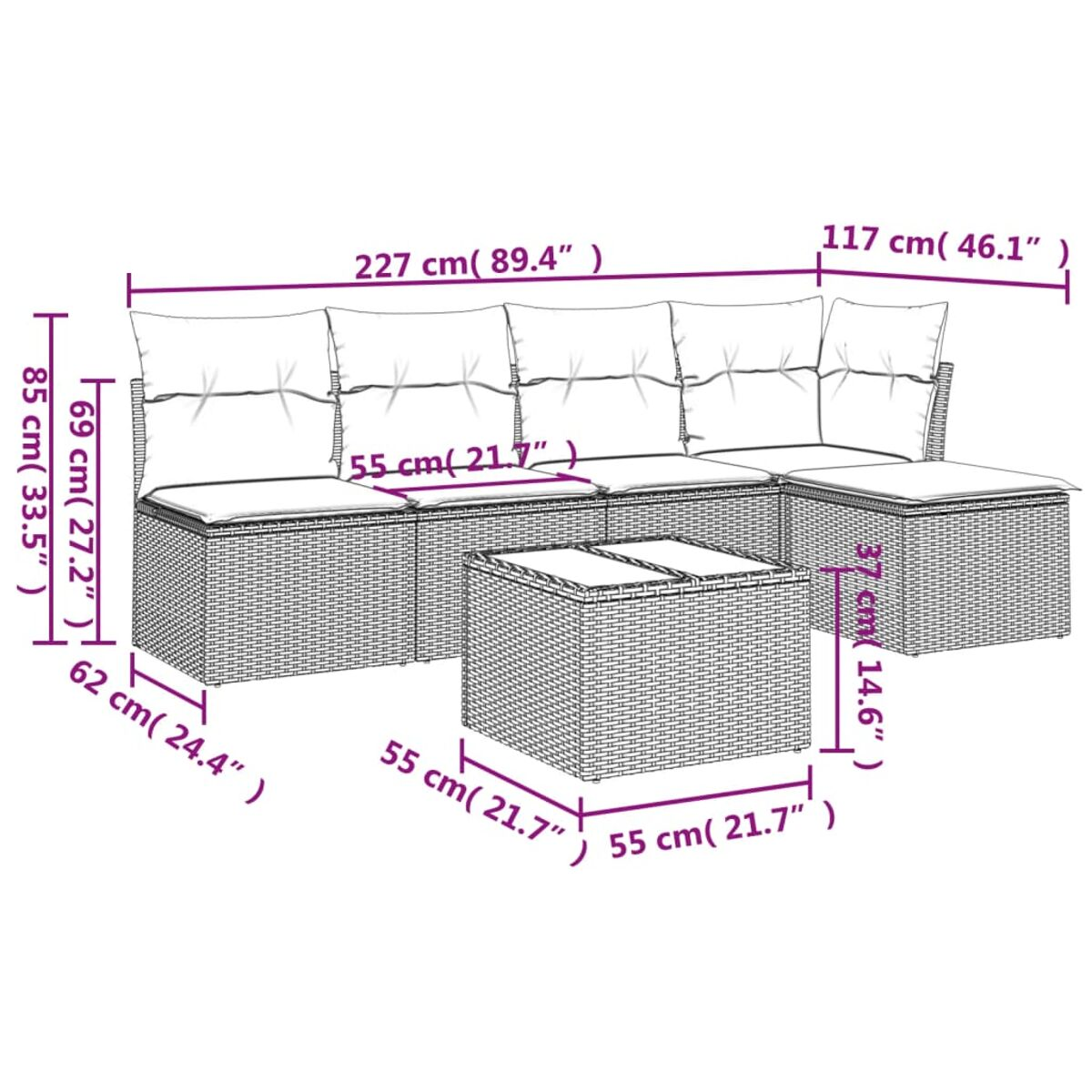 Diagramma di un divano angolare in vimini con dimensioni in centimetri e pollici, su sfondo bianco.