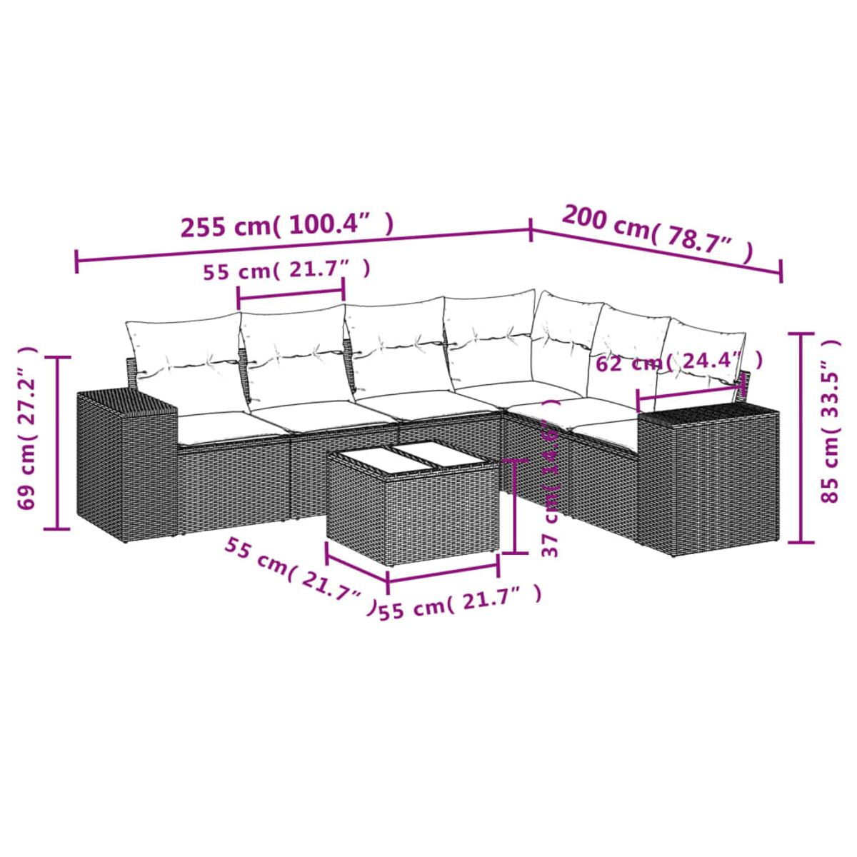 Diagramma di un divano angolare da esterno e tavolino con dimensioni in cm e pollici.