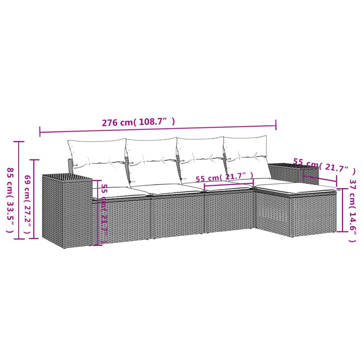 Diagramm eines grauen Korbsessel-Sofa mit Abmessungen in Zentimetern.