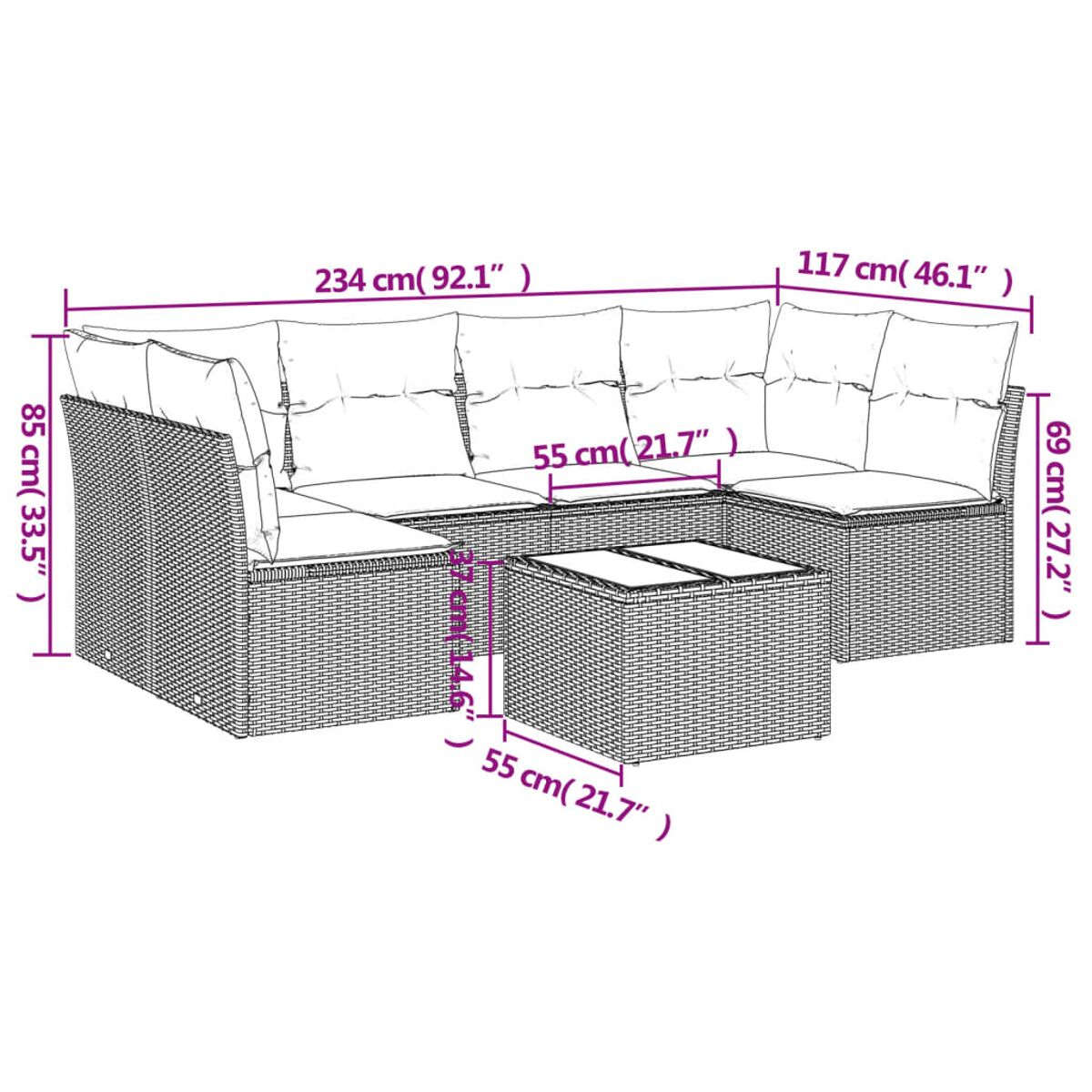 Diagramm eines grauen Rattan-Outdoor-Sofasets mit Abmessungen in Zentimetern und Zoll.