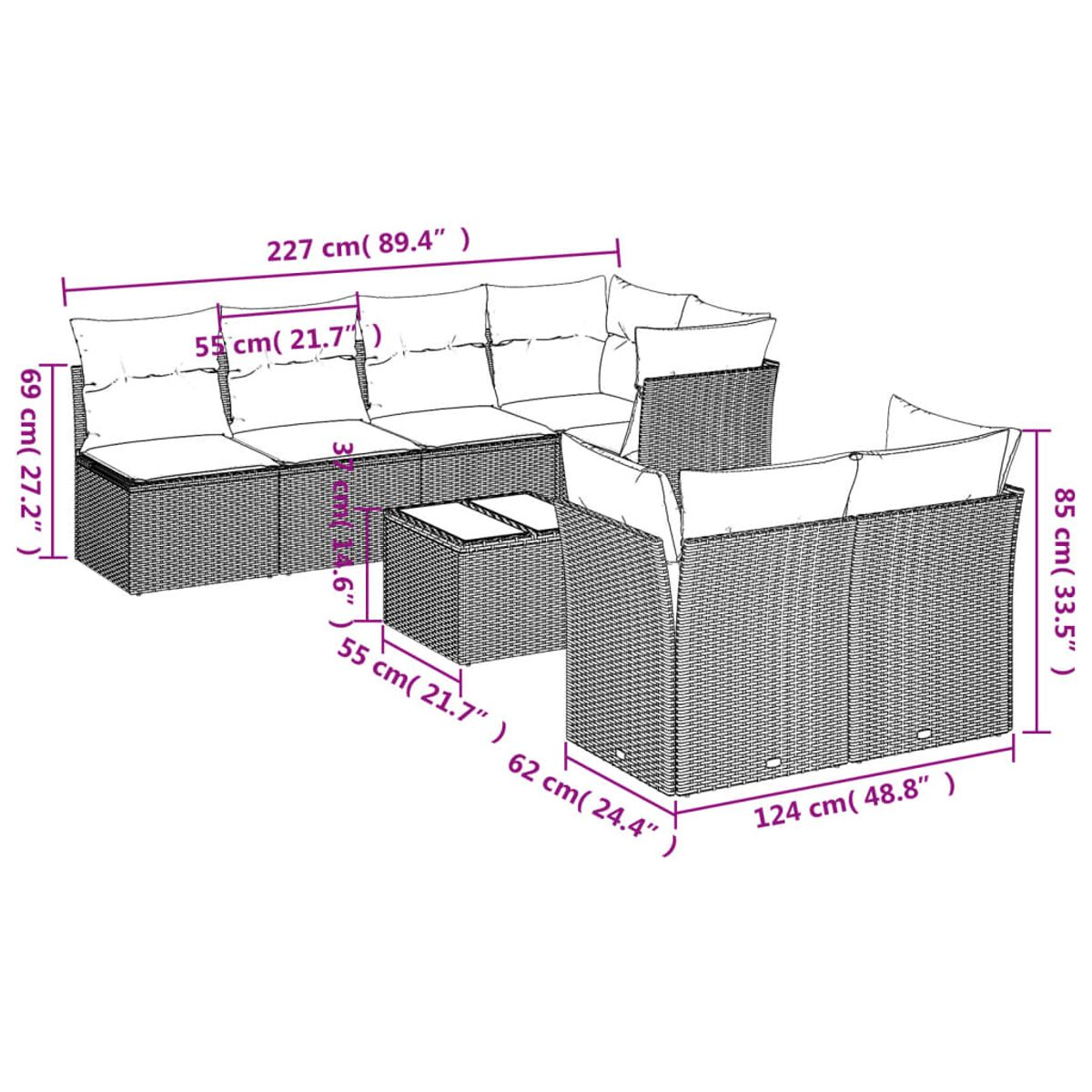 Set divano in rattan con tavolino e dimensioni in cm.