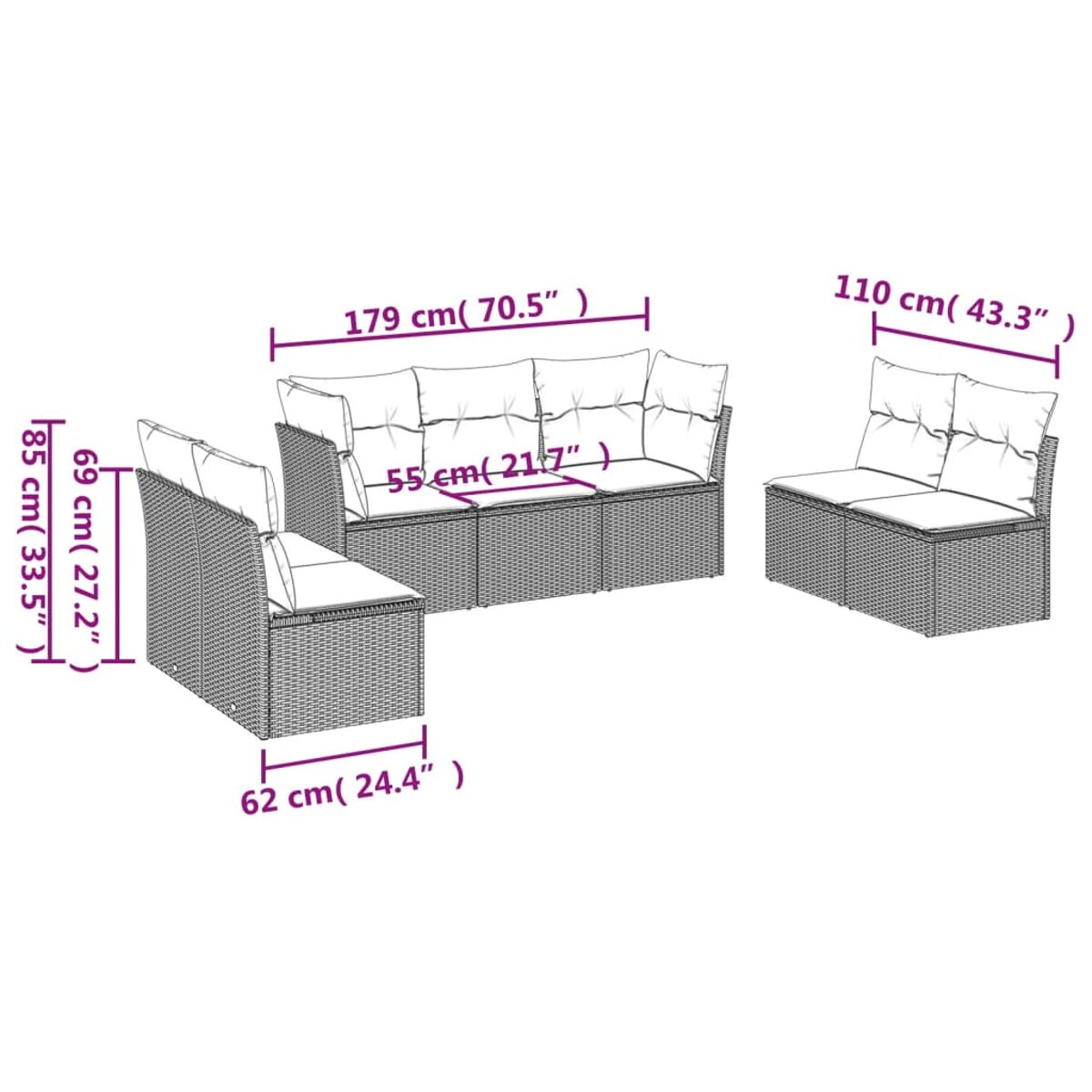 Weißes Diagramm mit Abmessungen eines schwarzen Outdoor-Ecksofas auf weißem Hintergrund.