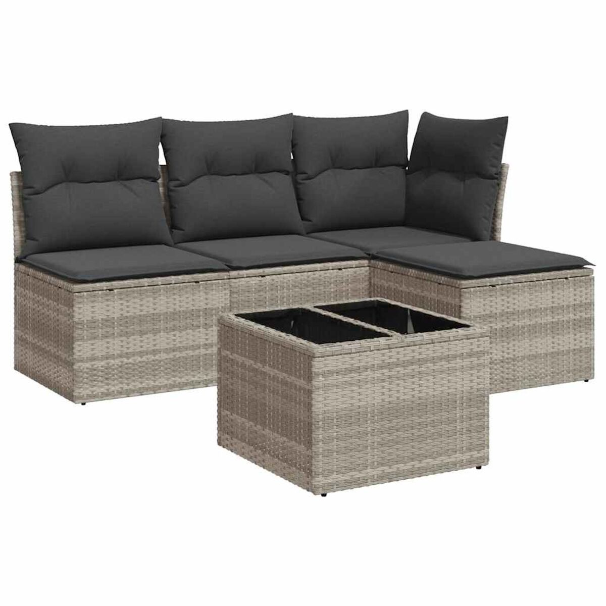 Set di mobili da esterno in vimini grigio con cuscini grigio scuro e tavolino su sfondo bianco.