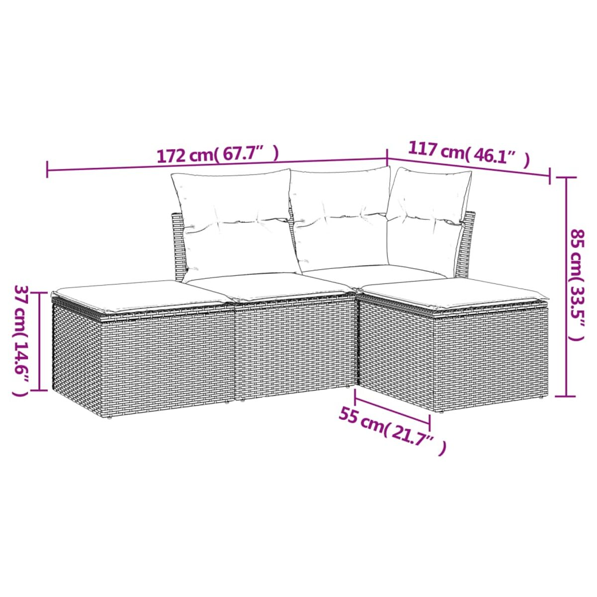 Set divano intrecciato per esterni con dimensioni ed etichette.
