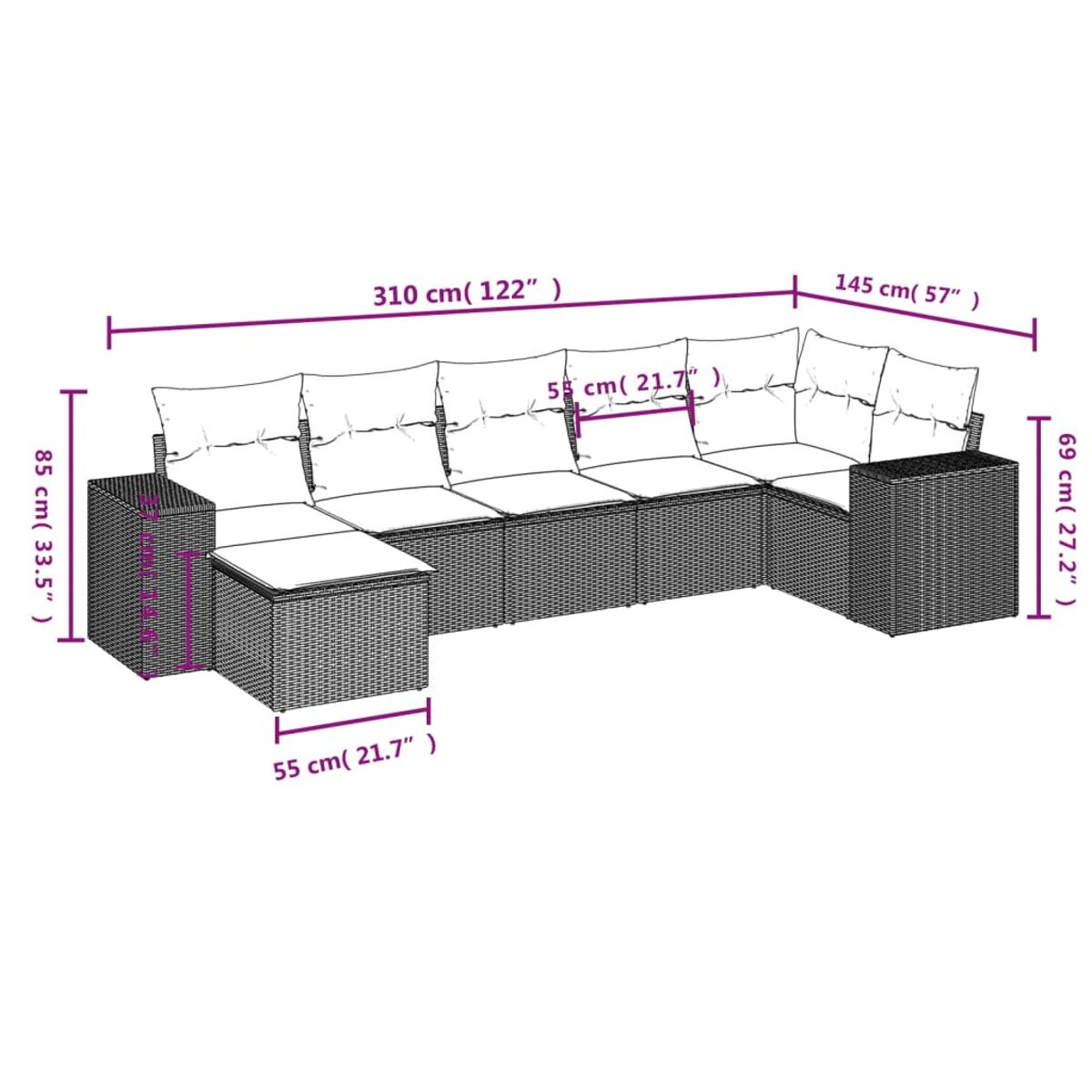 Set divano intrecciato per esterni con dimensioni ed etichette.