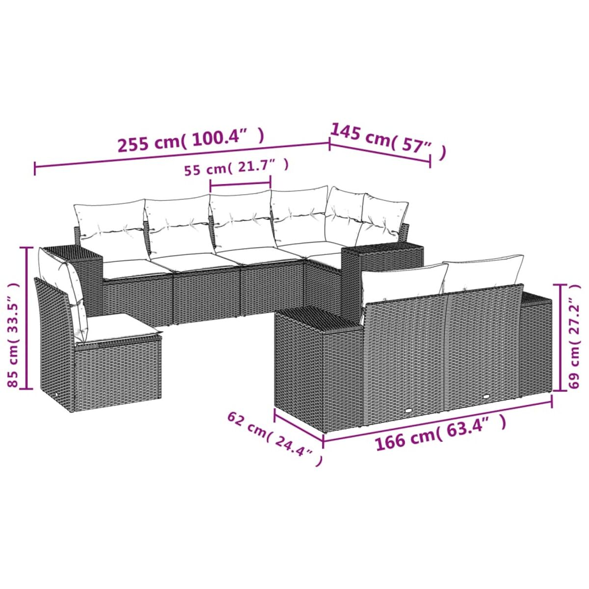 Ecksofa-Set mit weißen Kissen. Abmessungen gezeigt. Weißer Hintergrund.
