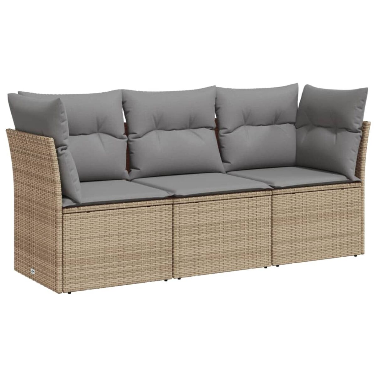 Beiges Rattan-Sofa mit grauen Kissen, drei Sitze sichtbar.