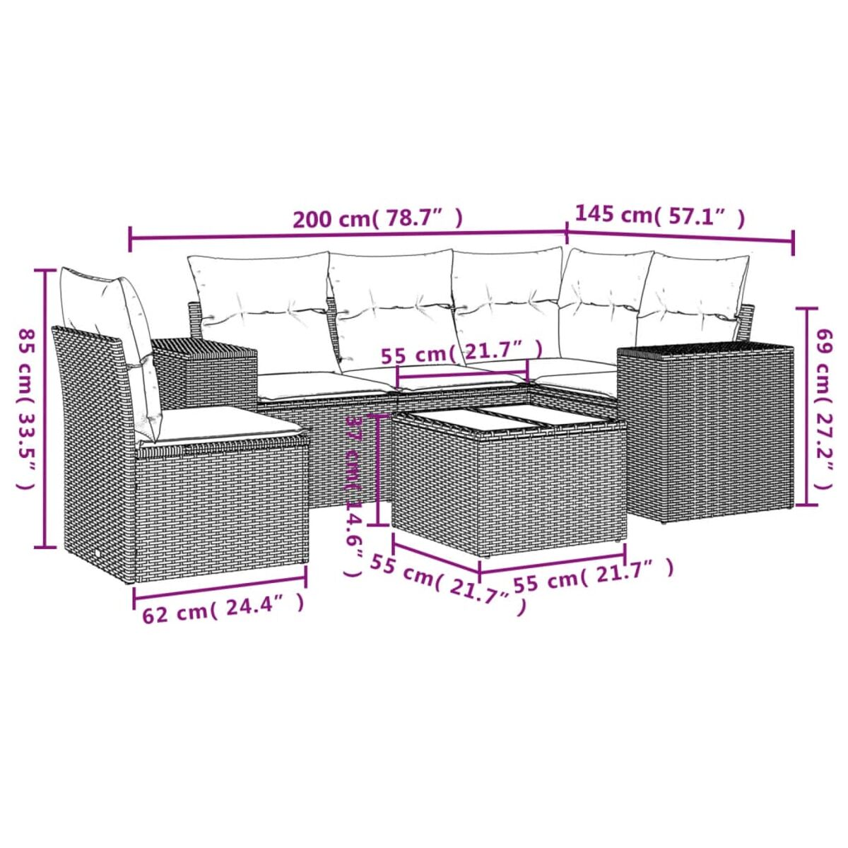Set da patio in vimini con cuscini e tavolo. Dimensioni mostrate.
