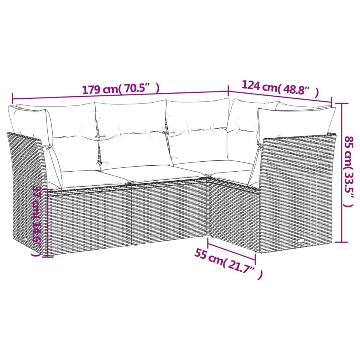 Diagramm eines Ecksofas mit Abmessungen in Zentimetern und Zoll, das die Größe des Sofas zeigt.