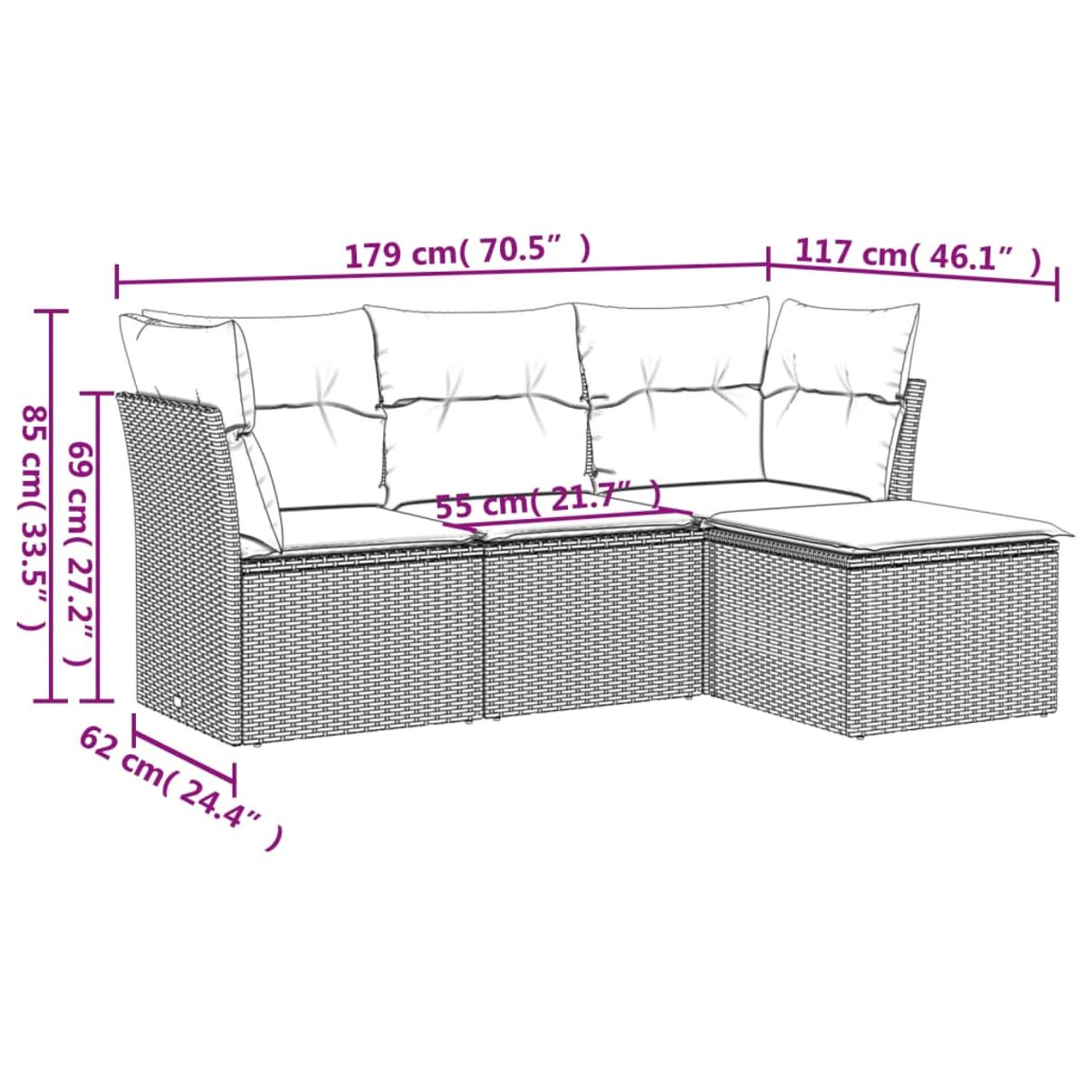 Ein Rattan-Sofa mit Kissen und einem Beistelltisch. Das Sofa ist braun und mit Maßen versehen. Inklusive Fußstütze.