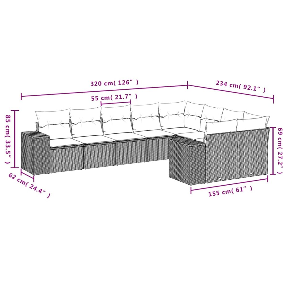 L-förmiges Outdoor-Sofa mit Maßen, weißer Hintergrund. Abmessungen in cm und Zoll sichtbar.