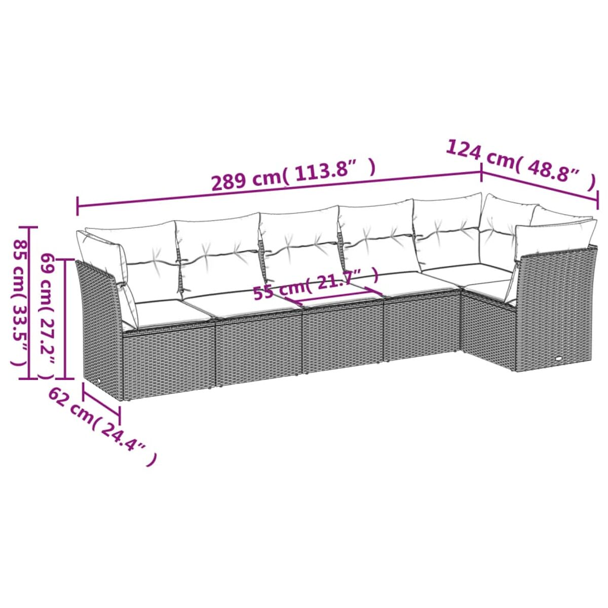 Disegno al tratto di un divano componibile da esterno con dimensioni in cm e pollici.