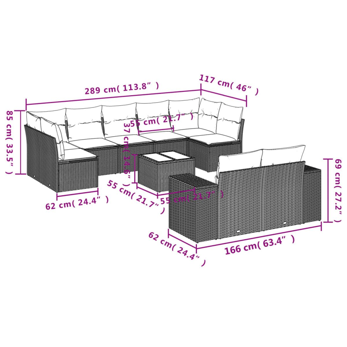 Diagramma di divano angolare, tavolino e pouf, con dimensioni in cm e pollici.