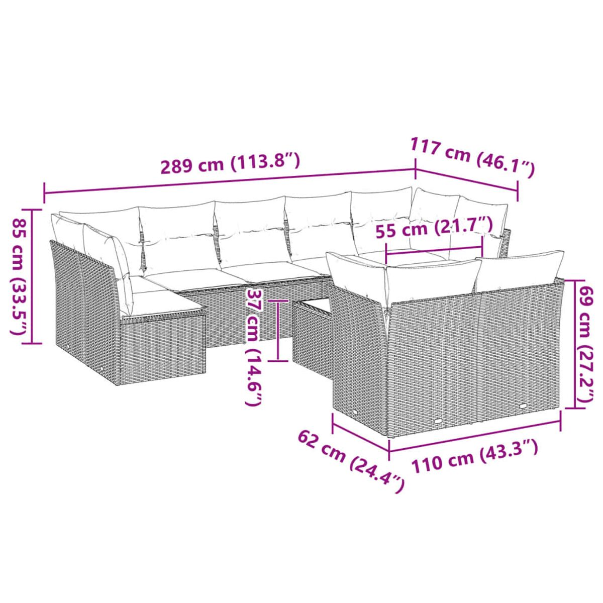 Diagramma di un divano componibile da patio. Dimensioni in centimetri e pollici con frecce.