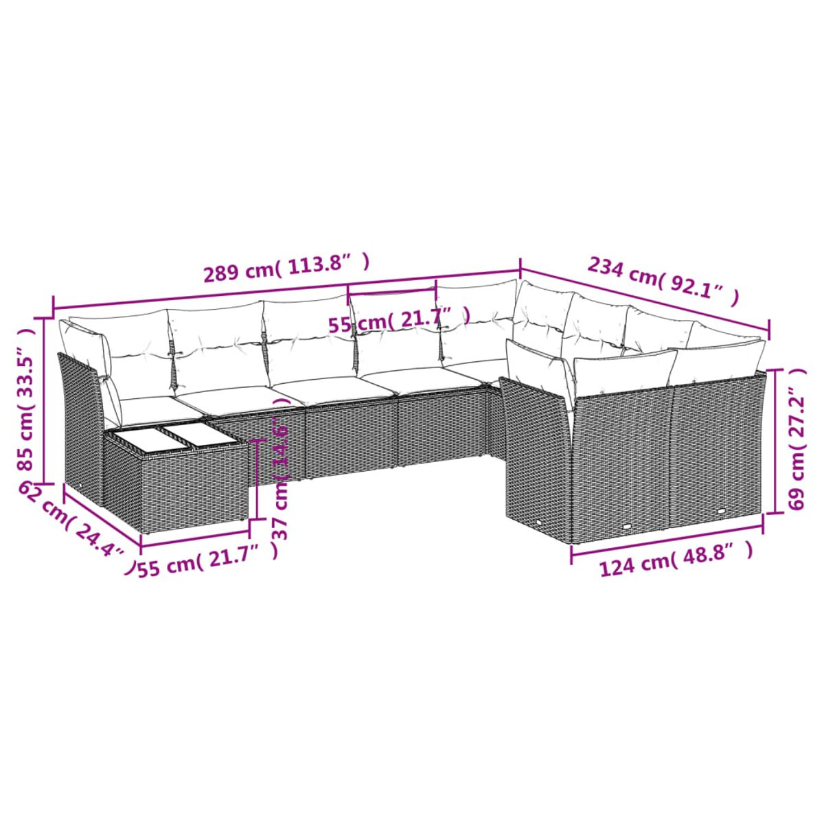Diagramma di un divano componibile da esterno in vimini. Le dimensioni sono indicate in centimetri. Sfondo bianco.