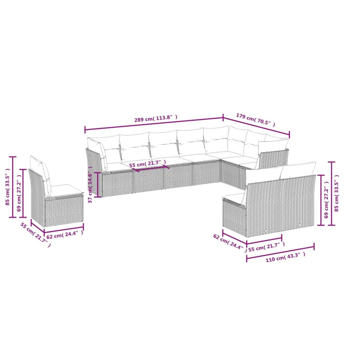 Diagramm eines Ecksofas für den Außenbereich mit Abmessungen in cm und Zoll.