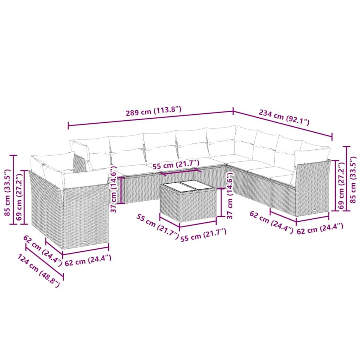 Diagramm eines Ecksofas mit Abmessungen in cm und Zoll.