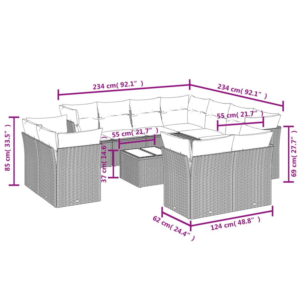 Diagramma di un divano componibile con dimensioni, vimini grigio e misure in cm e pollici.
