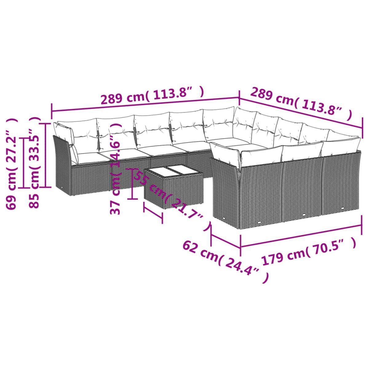 Diagrama de un juego de sofás de ratán con dimensiones. El juego incluye un sofá y una mesa cuadrada.