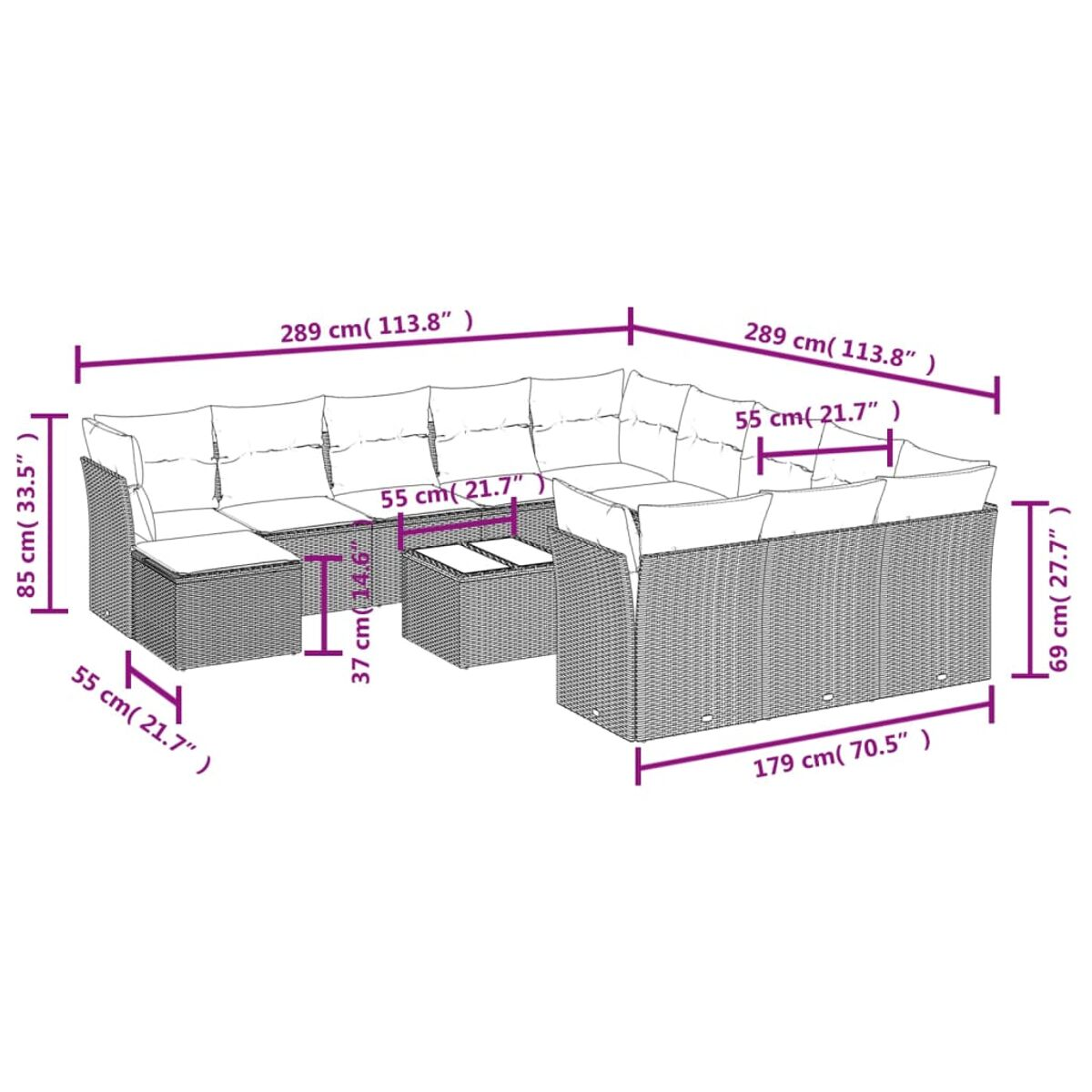 Diagramma di un set di mobili da esterno in legno. Le dimensioni sono indicate in centimetri e pollici.