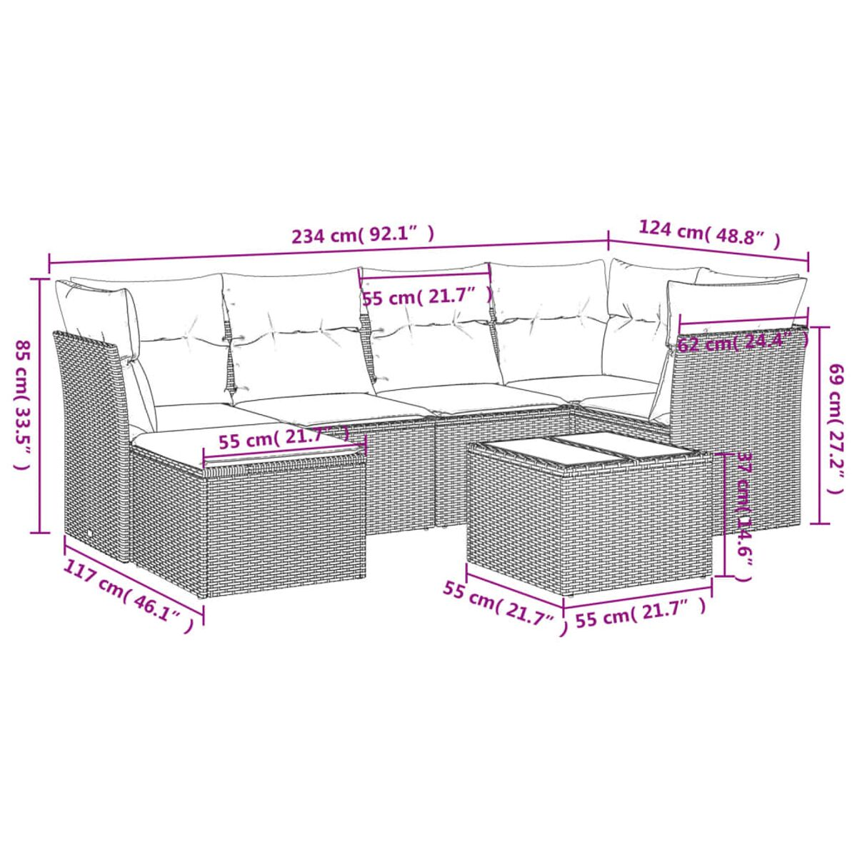 Diagramm eines großen Outdoor-Sofa-Sets aus Korbgeflecht mit Maßangaben in cm und Zoll.