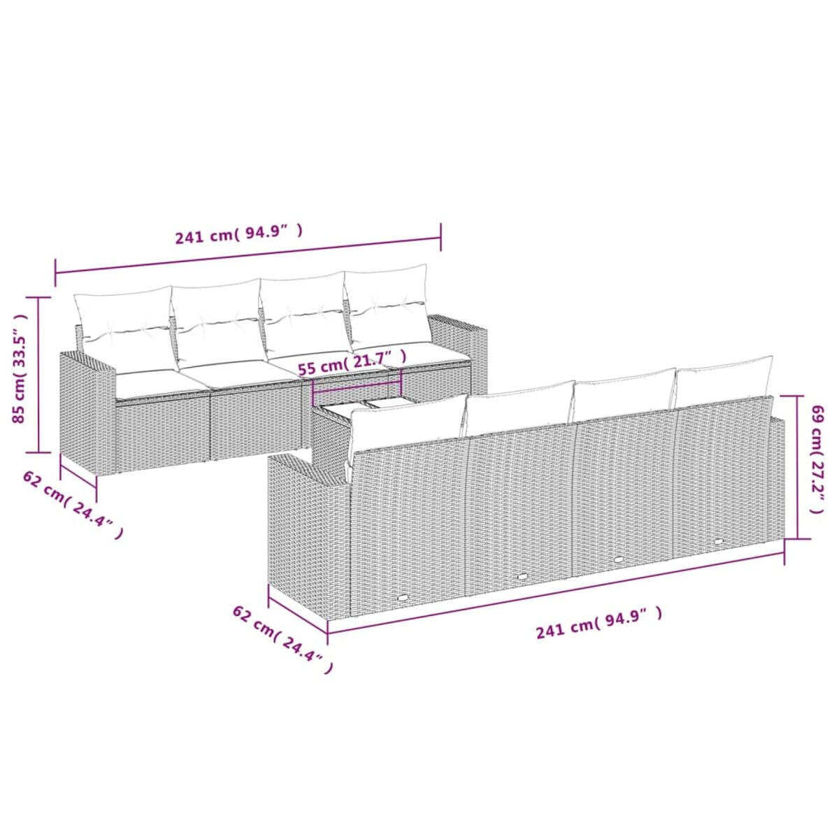 Diagramm von Gartenmöbeln mit Abmessungen. Zwei Sofas, ein Tisch in der Mitte.