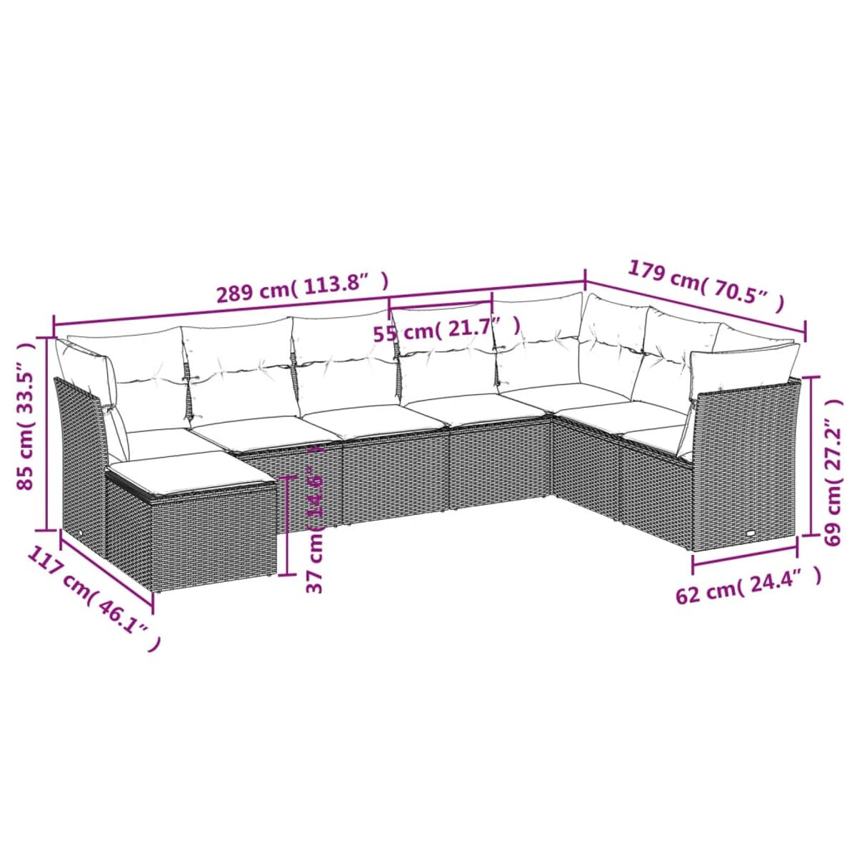 Ein Ecksofa mit Abmessungen wird angezeigt.