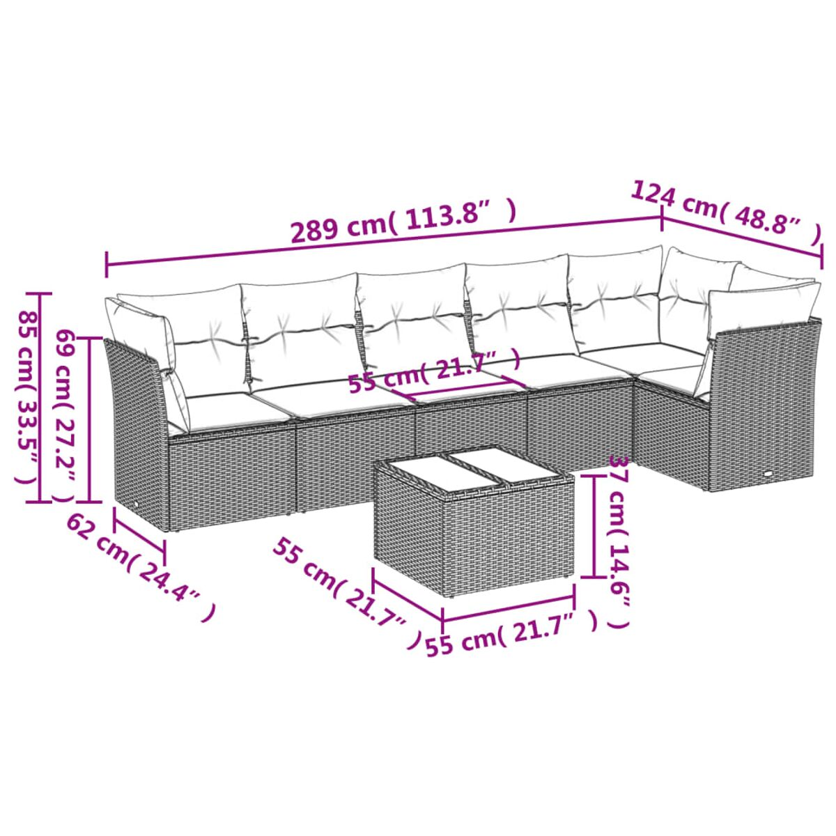 Diagramm eines Ecksofas aus Korbgeflecht für den Außenbereich mit Größenangaben in cm, weißer Hintergrund.