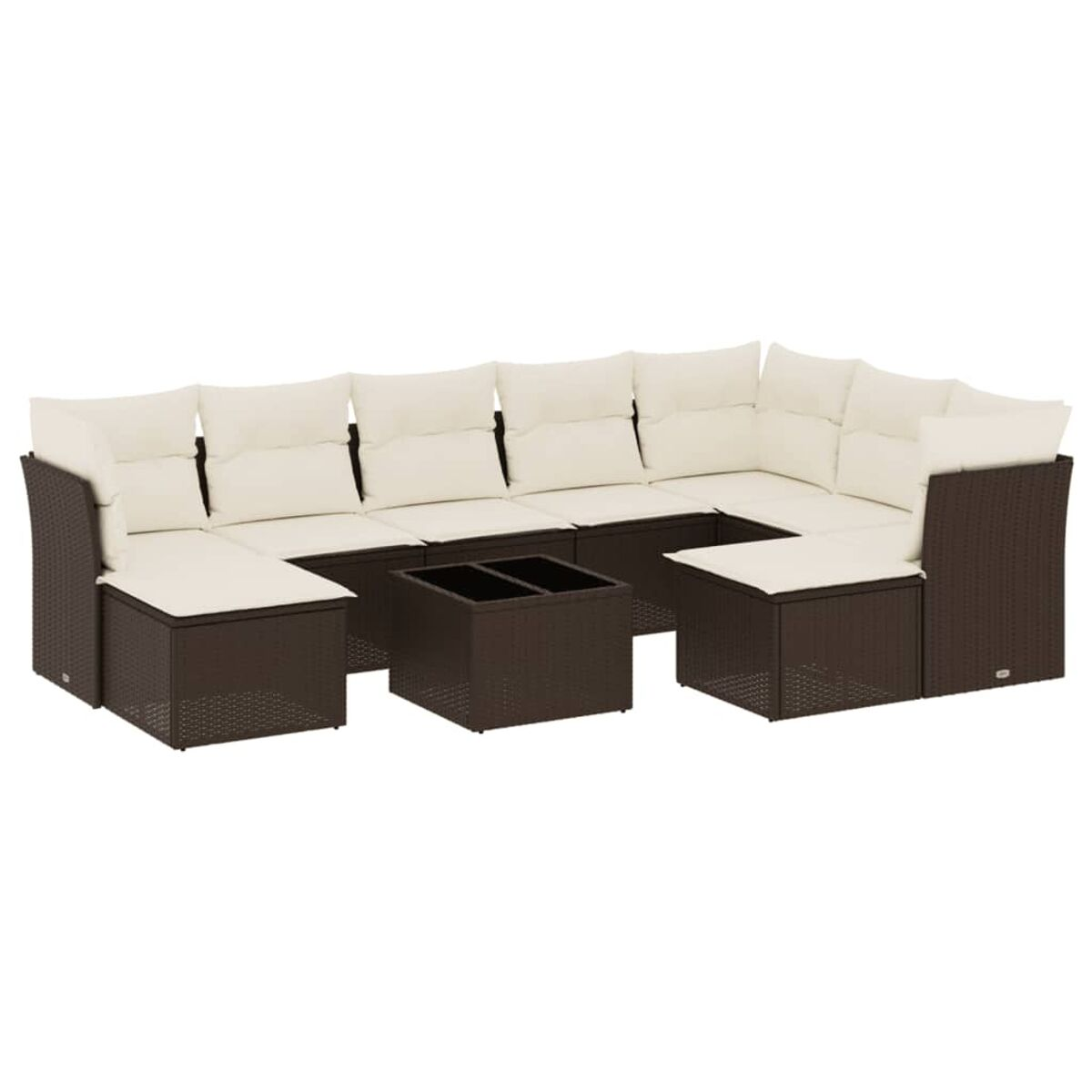Divano angolare in vimini marrone con cuscini color crema e tavolo, su sfondo bianco.