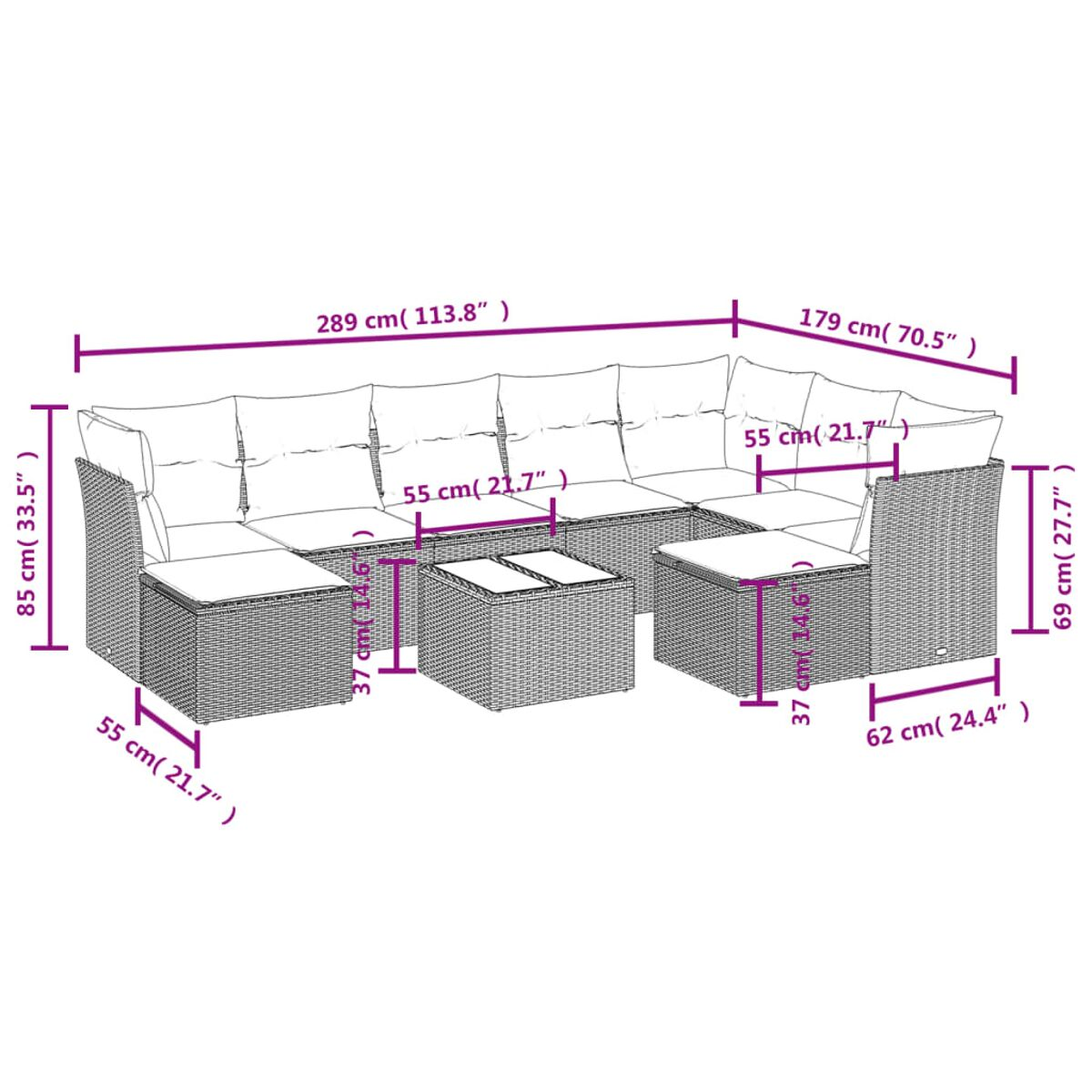 Un diagramma mostra un divano angolare in rattan marrone con dimensioni. Include un tavolino.