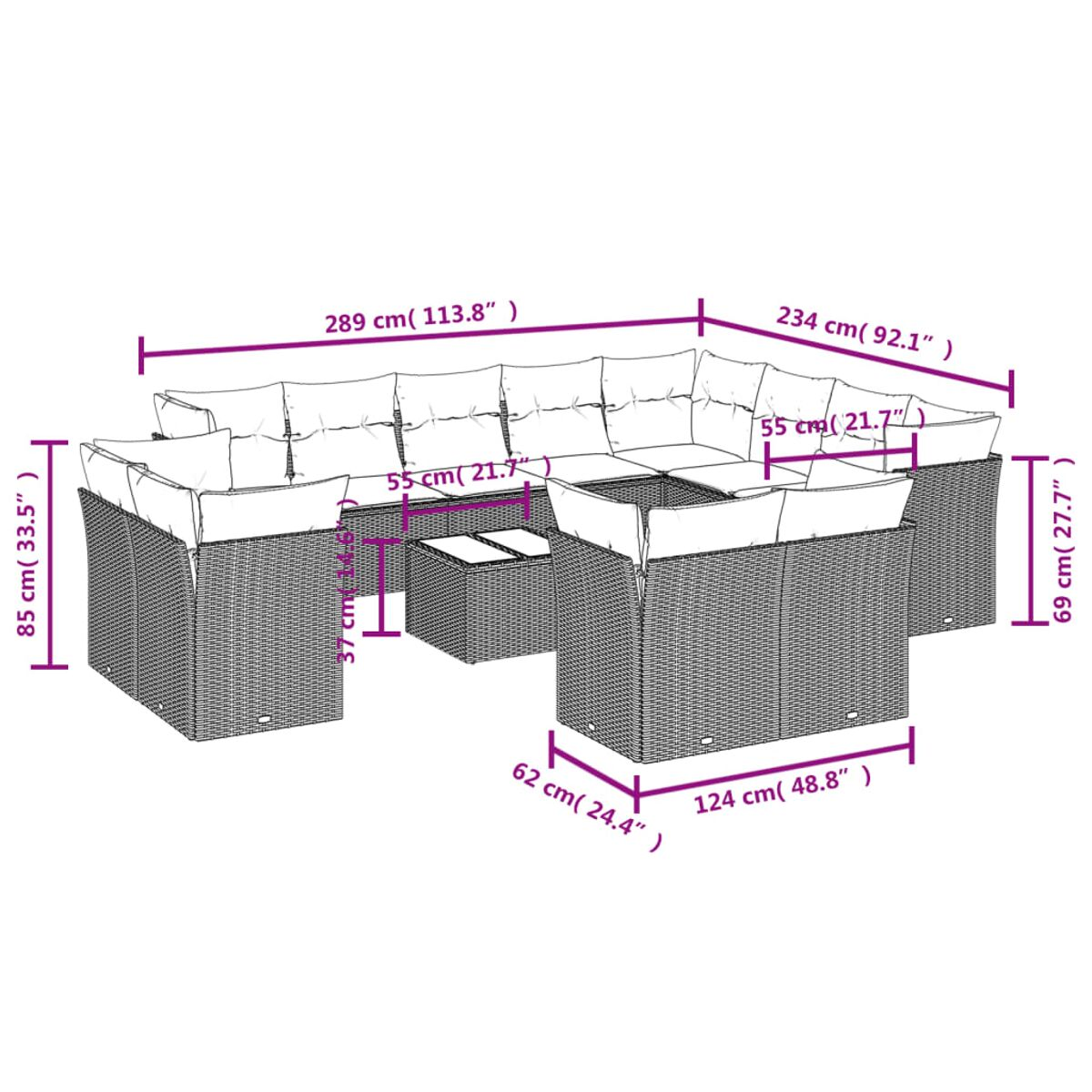 Diagramma di un divano angolare per esterni con tavolino, dimensioni in cm e pollici, con cuscini.