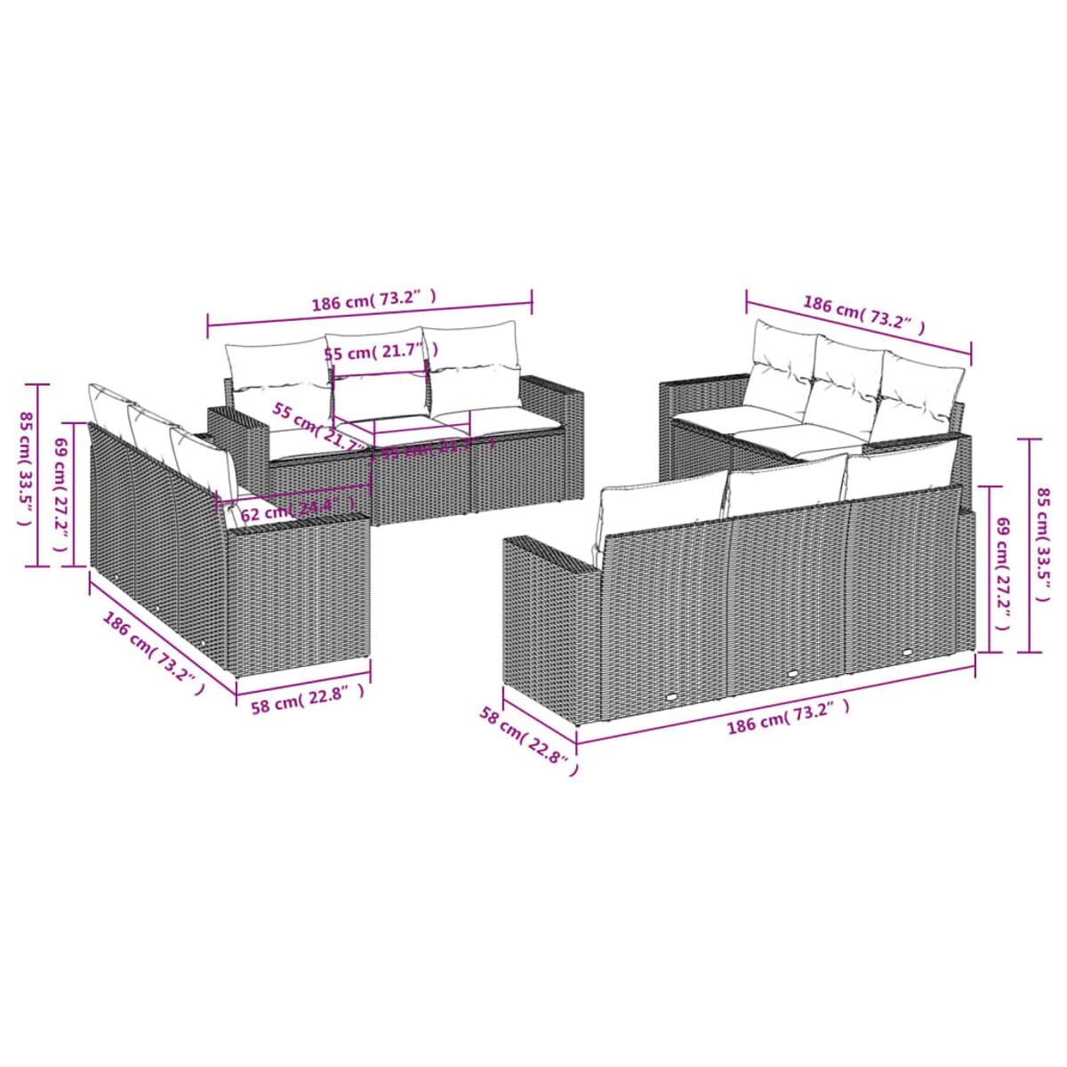 Diagramm eines Rattan-Sitzgruppen-Sets, einschließlich Sofa, zwei Sessel, mit Abmessungen in cm und Zoll.