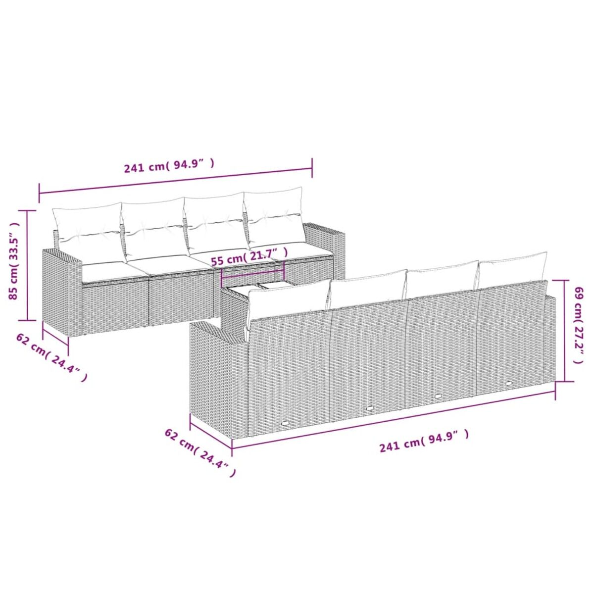 Diagramma di un divano angolare da esterno con dimensioni in cm e pollici.