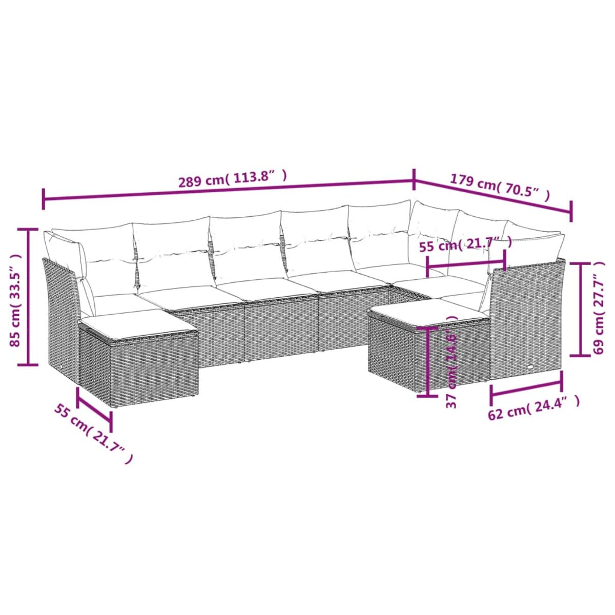 Geflochtenes Ecksofa für den Außenbereich mit weißen Kissen. Abmessungen sind im Bild dargestellt.