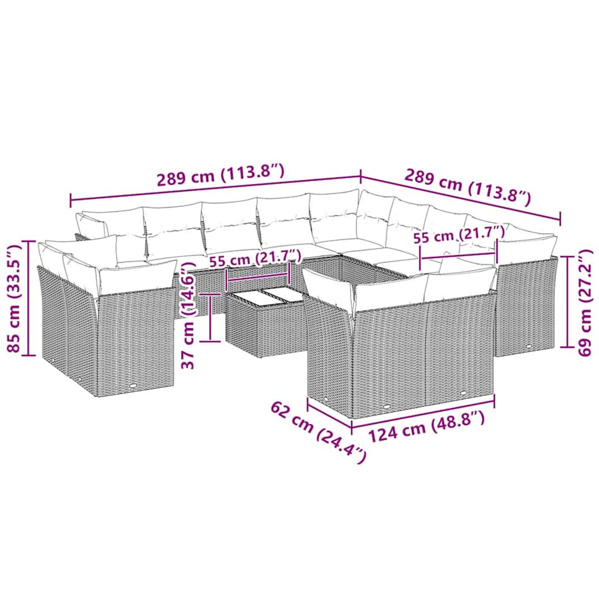 Diagramm eines grauen Ecksofas aus Rattan mit Abmessungen in Zentimetern und Zoll.