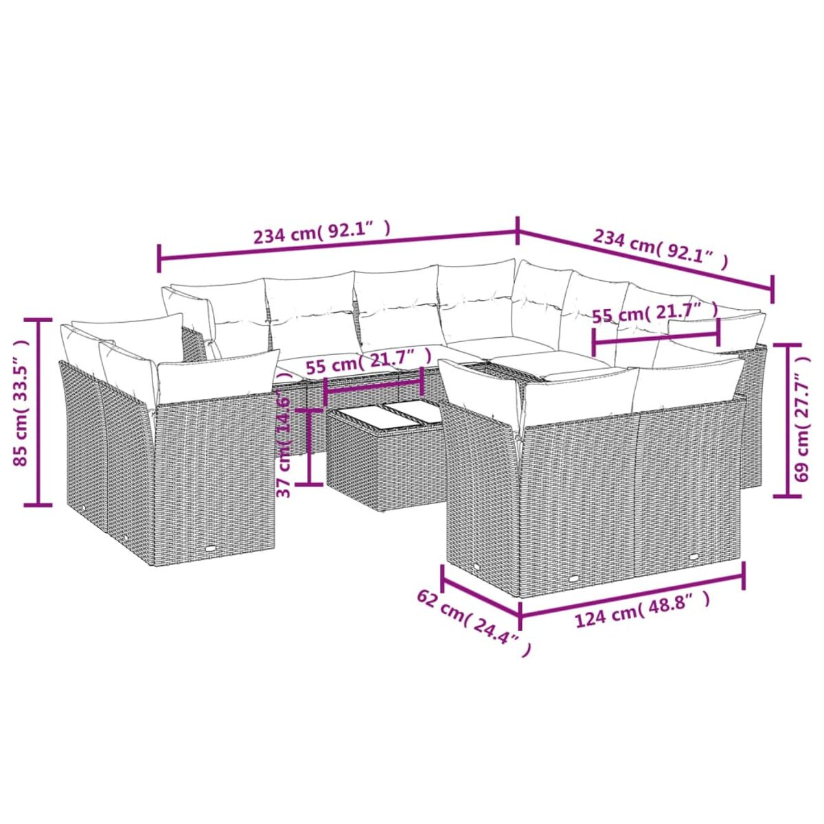 Schema di un divano componibile in rattan con dimensioni in cm e pollici.