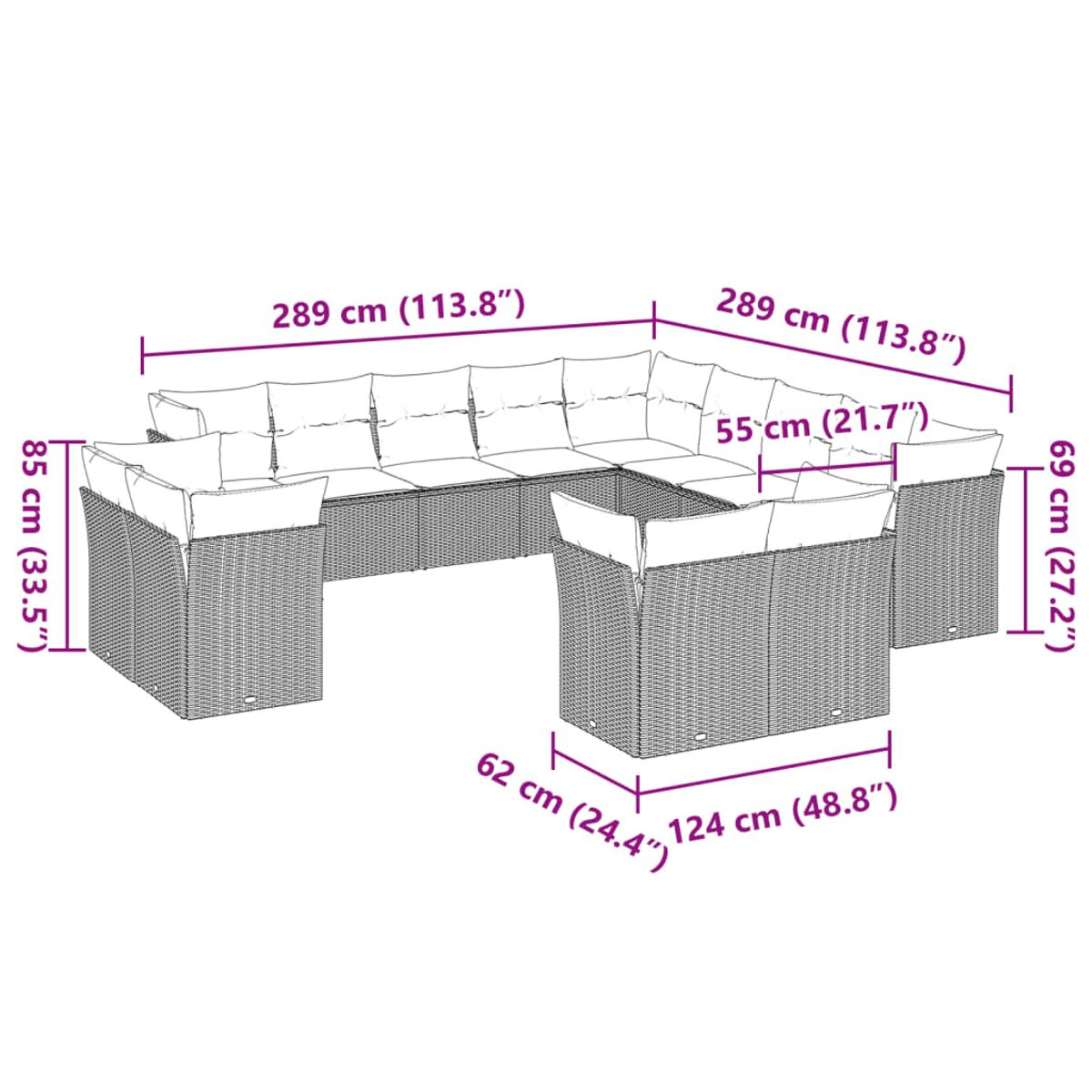 Diagramma di un divano componibile da esterno in vimini con dimensioni in cm e pollici.